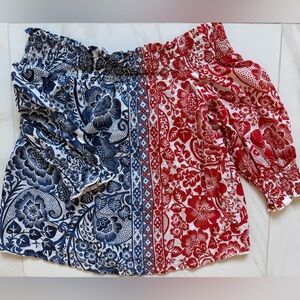 Chico’s Floral Red and Blue Off-Shoulder Top